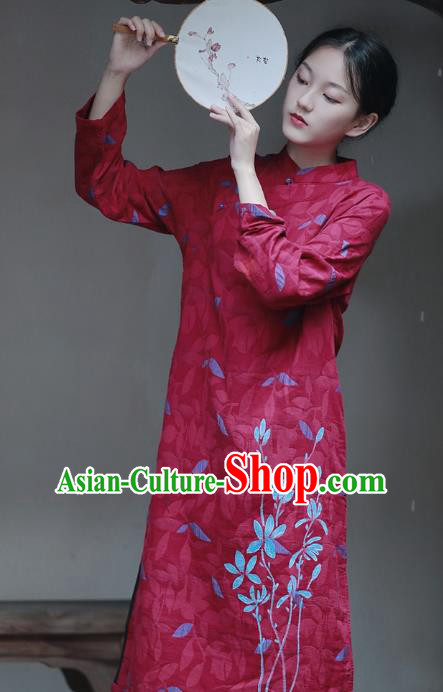 China National Hand Painting Wine Red Flax Qipao Dress Clothing Traditional Young Lady Cheongsam