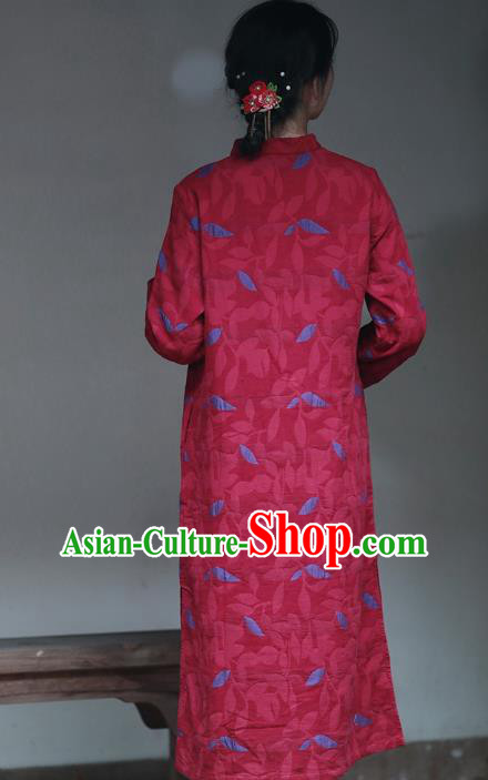 China National Hand Painting Wine Red Flax Qipao Dress Clothing Traditional Young Lady Cheongsam