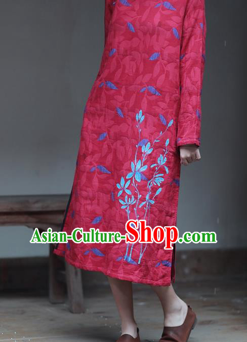 China National Hand Painting Wine Red Flax Qipao Dress Clothing Traditional Young Lady Cheongsam