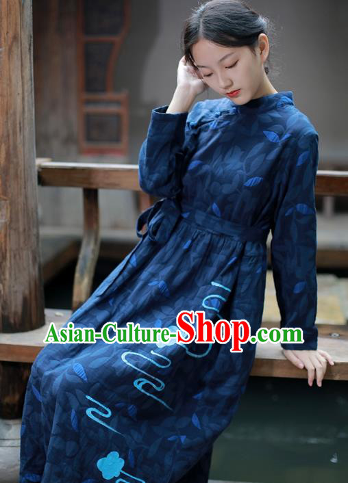 China National Qipao Dress Clothing Traditional Young Lady Hand Painting Navy Flax Cheongsam