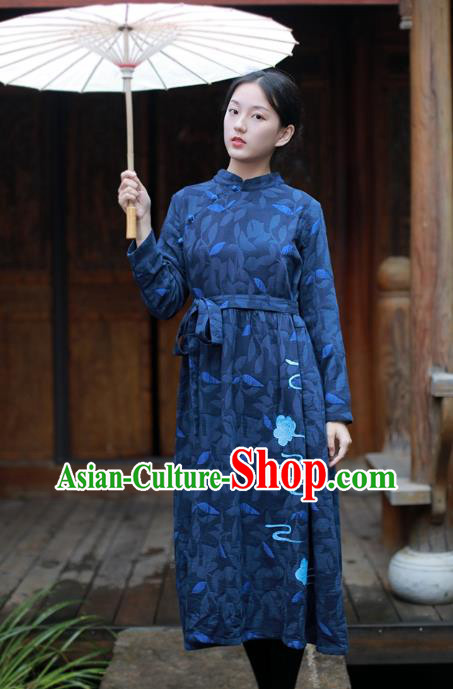 China National Qipao Dress Clothing Traditional Young Lady Hand Painting Navy Flax Cheongsam