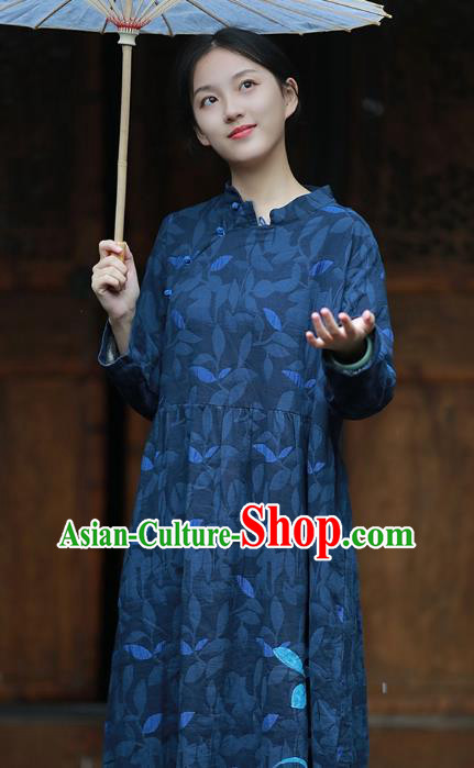 China National Qipao Dress Clothing Traditional Young Lady Hand Painting Navy Flax Cheongsam