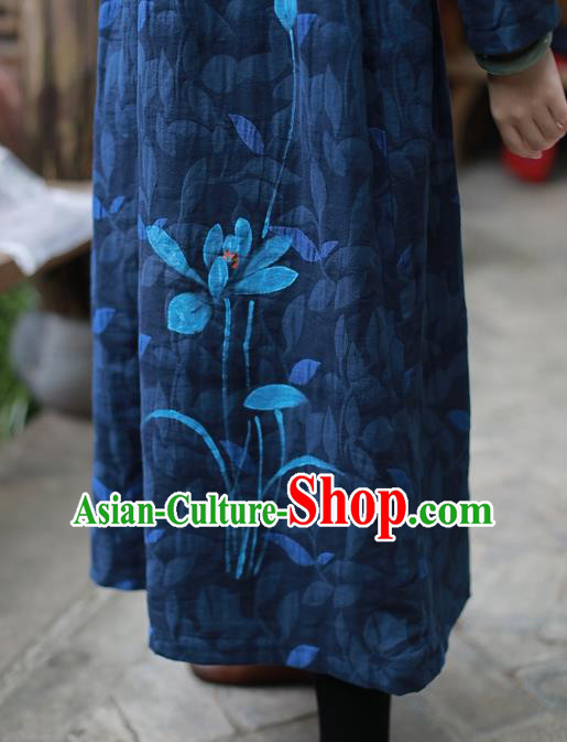 China National Qipao Dress Clothing Traditional Young Lady Hand Painting Navy Flax Cheongsam