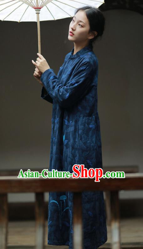 China National Qipao Dress Clothing Traditional Young Lady Hand Painting Navy Flax Cheongsam