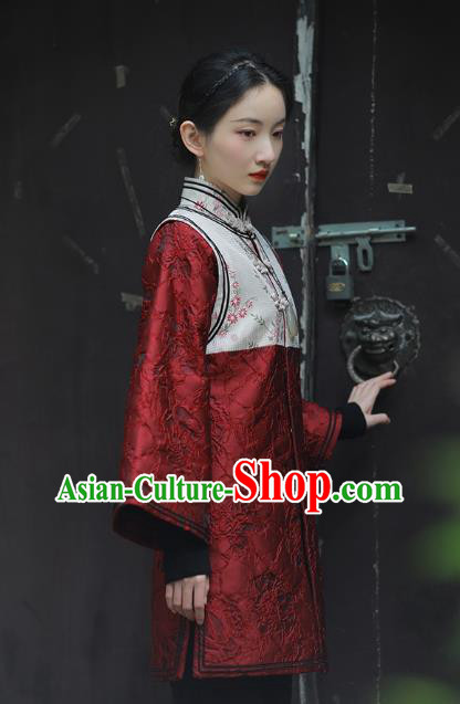 China National Woman Cotton Wadded Jacket Tang Suit Outer Garment Traditional Red Brocade Overcoat Costume