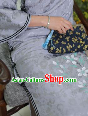 China National Mother Blue Silk Qipao Dress Clothing Traditional Mandarin Sleeve Cheongsam