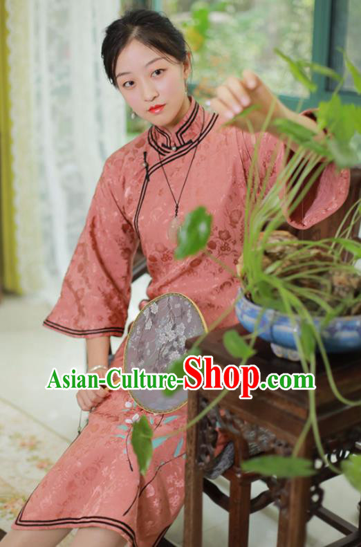 China National Mother Qipao Dress Clothing Traditional Hand Painting Mandarin Sleeve Pink Silk Cheongsam