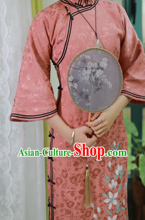 China National Mother Qipao Dress Clothing Traditional Hand Painting Mandarin Sleeve Pink Silk Cheongsam