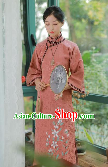 China National Mother Qipao Dress Clothing Traditional Hand Painting Mandarin Sleeve Pink Silk Cheongsam