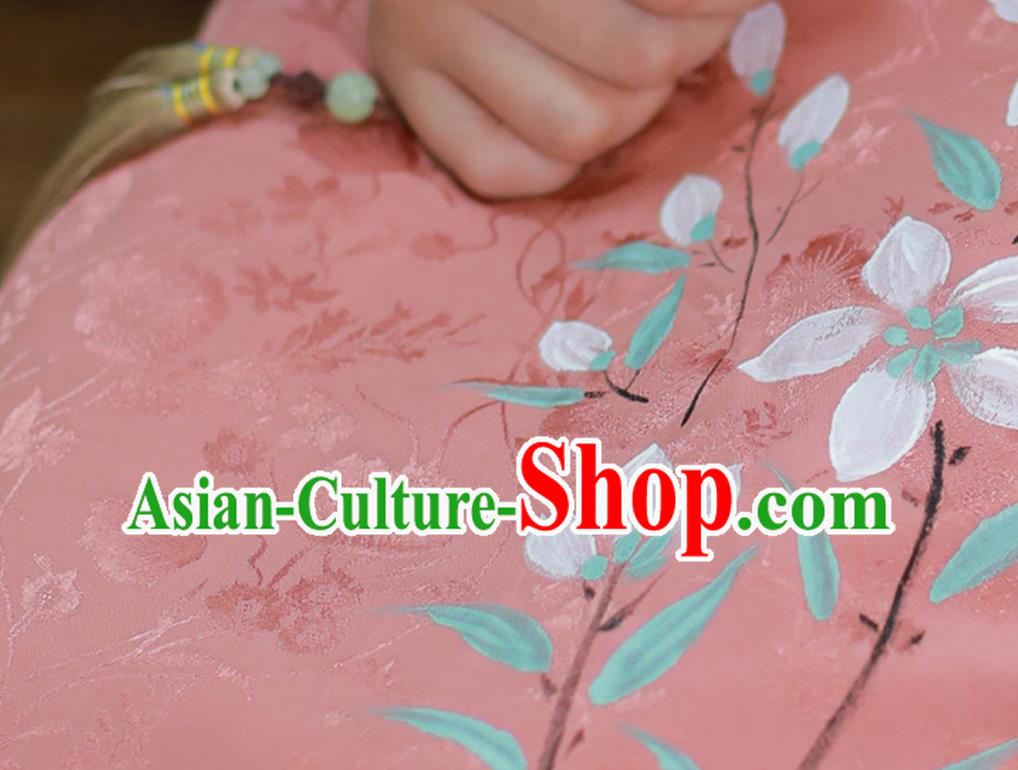 China National Mother Qipao Dress Clothing Traditional Hand Painting Mandarin Sleeve Pink Silk Cheongsam