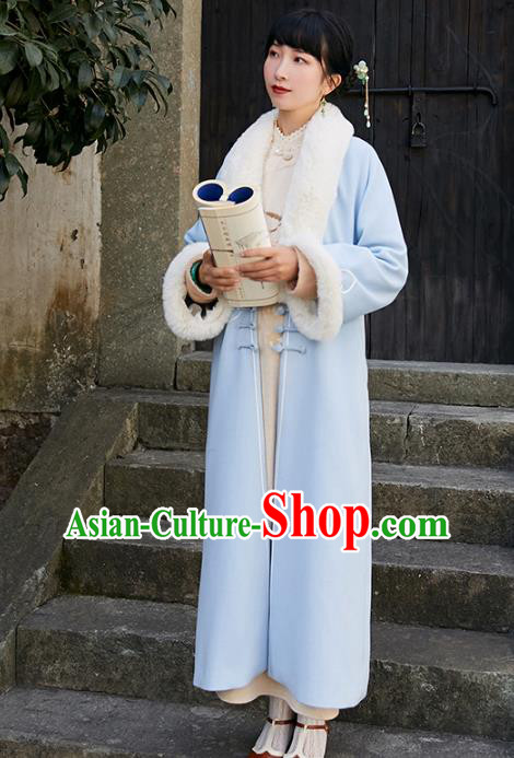 China Traditional Tang Suit Outer Garment National Woman Blue Woolen Dust Coat