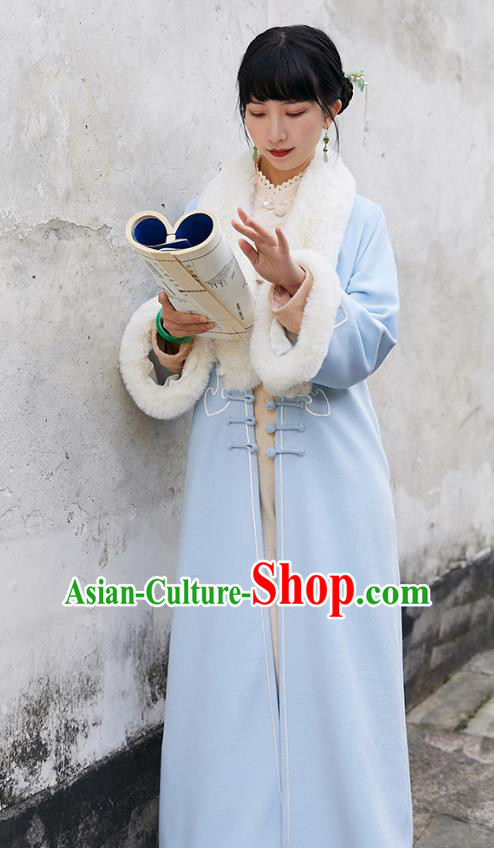 China Traditional Tang Suit Outer Garment National Woman Blue Woolen Dust Coat