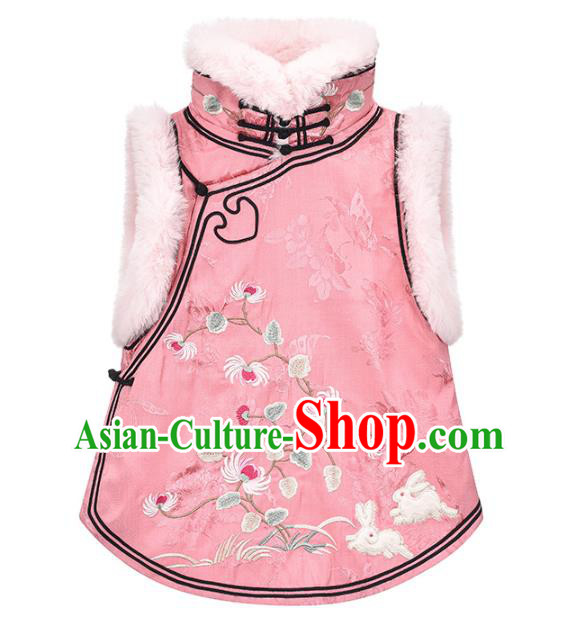 Chinese Traditional Embroidered Pink Silk Waistcoat Costume National Women Stand Collar Vest