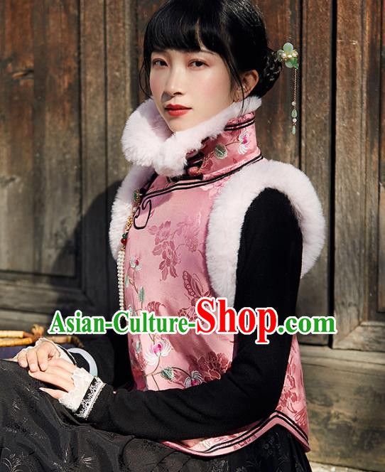 Chinese Traditional Embroidered Pink Silk Waistcoat Costume National Women Stand Collar Vest