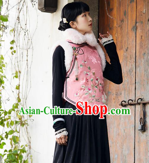 Chinese Traditional Embroidered Pink Silk Waistcoat Costume National Women Stand Collar Vest