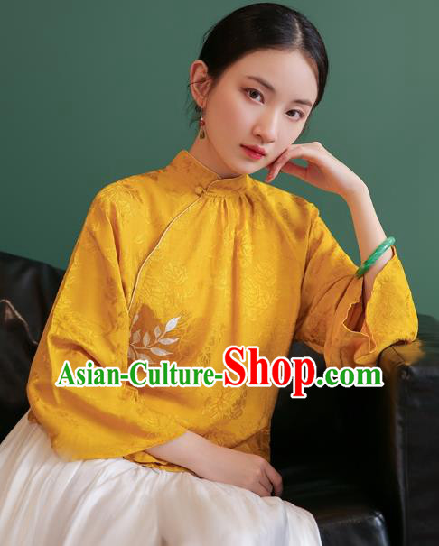 China Tang Suit Golden Silk Shirt Traditional Costume National Woman Stand Collar Blouse
