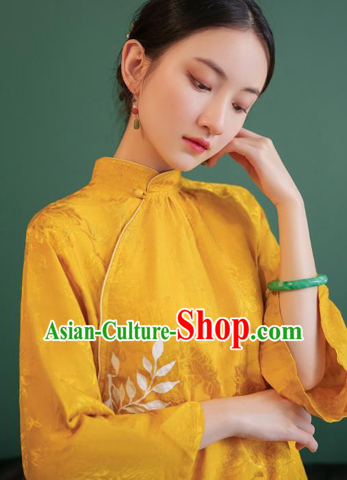 China Tang Suit Golden Silk Shirt Traditional Costume National Woman Stand Collar Blouse