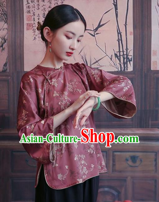 China Tang Suit Wide Sleeve Shirt Traditional Costume National Woman Wine Red Brocade Blouse