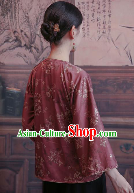 China Tang Suit Wide Sleeve Shirt Traditional Costume National Woman Wine Red Brocade Blouse
