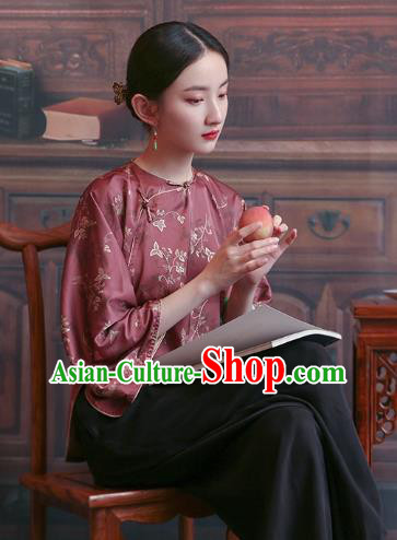 China Tang Suit Wide Sleeve Shirt Traditional Costume National Woman Wine Red Brocade Blouse