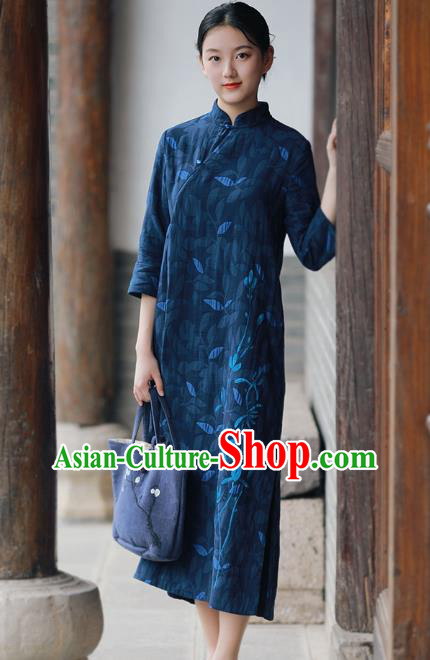 China National Hand Painting Navy Flax Qipao Dress Clothing Traditional Young Lady Cheongsam