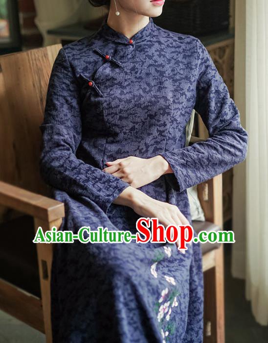 China National Young Woman Qipao Dress Clothing Traditional Hand Painting Navy Blue Flax Cheongsam