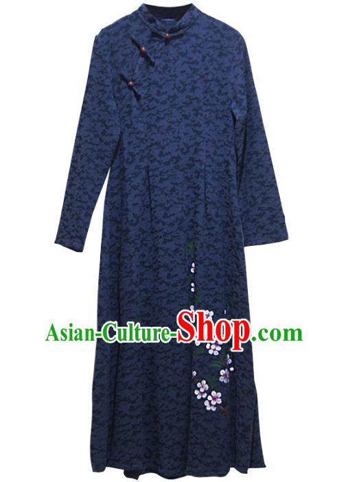 China National Young Woman Qipao Dress Clothing Traditional Hand Painting Navy Blue Flax Cheongsam