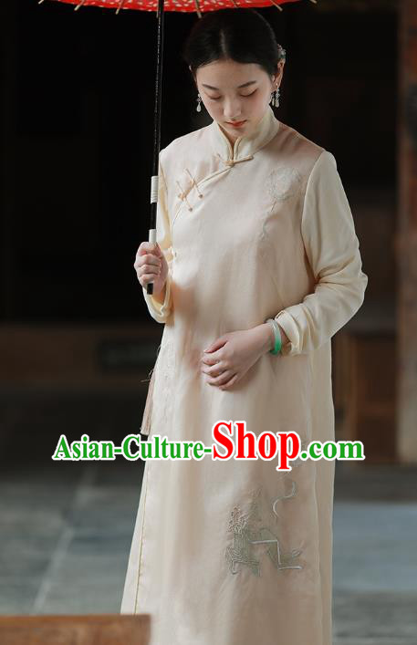 China National Embroidered Qipao Dress Clothing Traditional Young Lady Beige Organdy Cheongsam