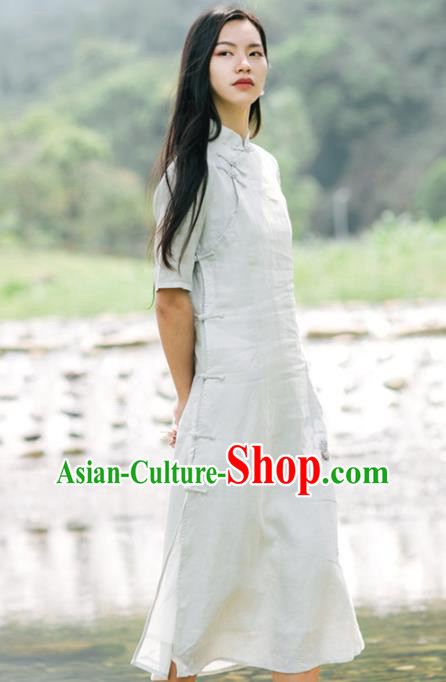 China National Light Green Qipao Dress Clothing Traditional Hand Painting Lotus Cheongsam
