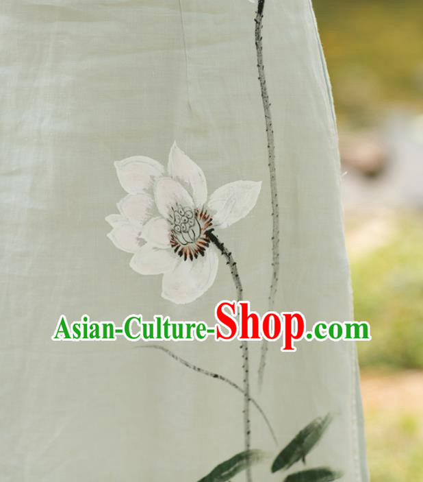 China National Light Green Qipao Dress Clothing Traditional Hand Painting Lotus Cheongsam