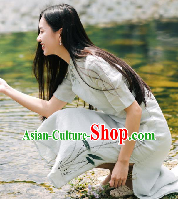 China National Light Green Qipao Dress Clothing Traditional Hand Painting Lotus Cheongsam