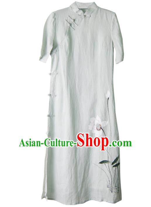 China National Light Green Qipao Dress Clothing Traditional Hand Painting Lotus Cheongsam