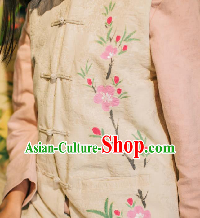 Chinese National Hand Painting Peach Blossom Waistcoat Traditional Beige Flax Vest Costume