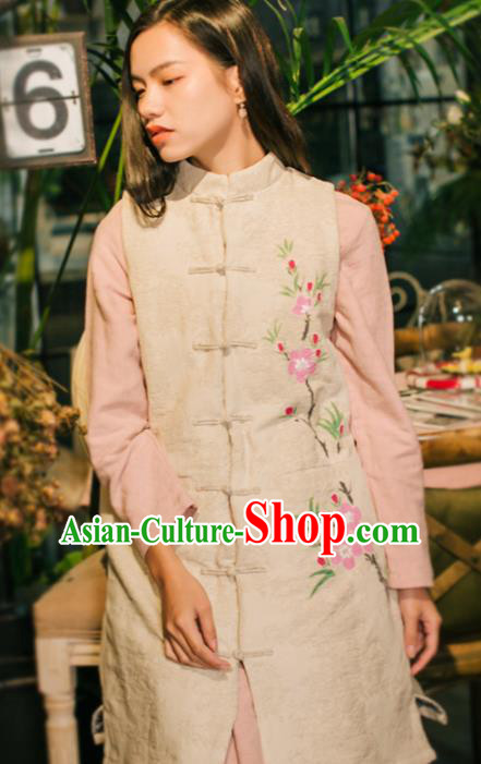 Chinese National Hand Painting Peach Blossom Waistcoat Traditional Beige Flax Vest Costume
