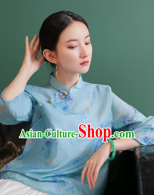 China Tang Suit Light Blue Shirt Traditional Printing Costume National Woman Slant Opening Blouse