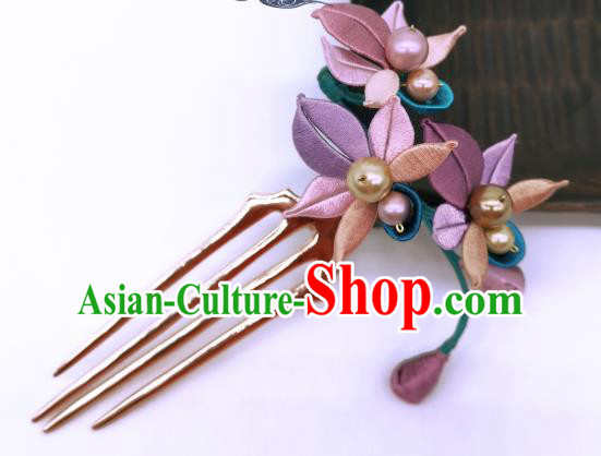 Chinese Traditional Ming Dynasty Hanfu Silk Flowers Hair Accessories Handmade Ancient Princess Pearls Hair Comb