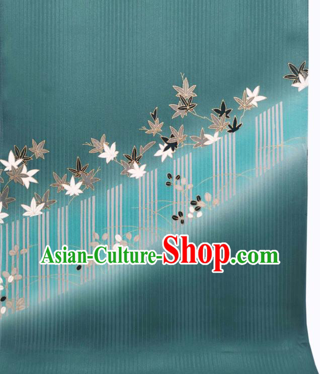 Asian Japan Traditional Maple Leaf Pattern Silk Fabric Japanese Kimono Tapestry Drapery Green Brocade