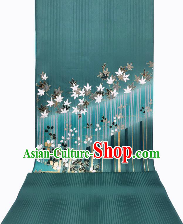 Asian Japan Traditional Maple Leaf Pattern Silk Fabric Japanese Kimono Tapestry Drapery Green Brocade