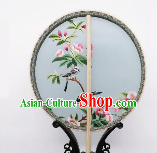 China Classical Embroidered Begonia Circular Fans Traditional Palace Fan Ancient Princess Blue Silk Fan