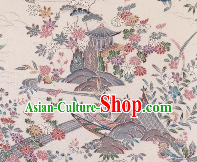 Japanese Kimono Beige Silk Fabric Japan Classical Chrysanthemum Pattern Brocade Asian Traditional Satin Drapery