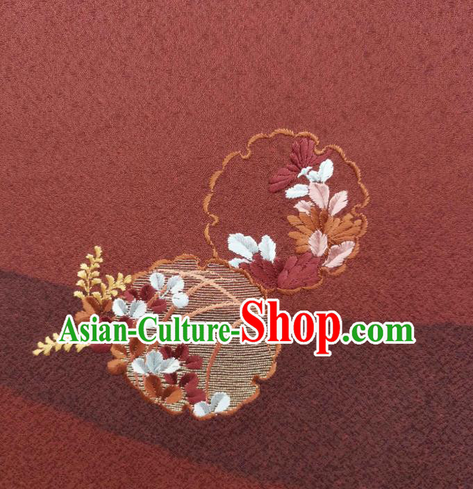 Asian Japanese Kimono Tapestry Drapery Embroidered Brownish Red Brocade Japan Traditional Silk Fabric