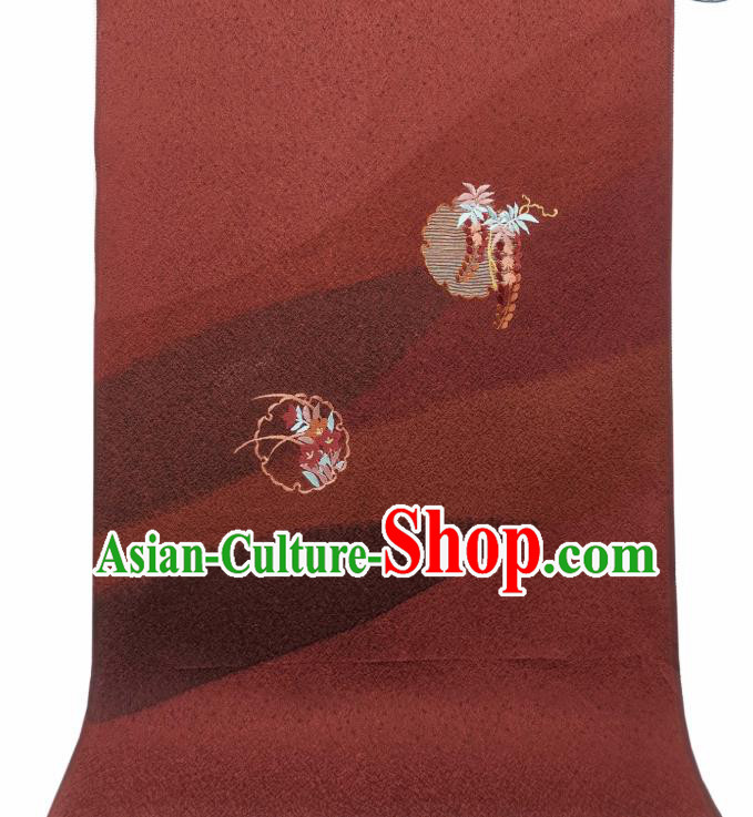 Asian Japan Embroidered Wisteria Brownish Red Brocade Traditional Silk Fabric Japanese Kimono Tapestry Drapery