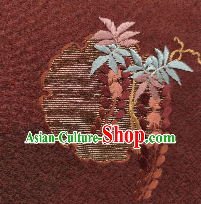 Asian Japan Embroidered Wisteria Brownish Red Brocade Traditional Silk Fabric Japanese Kimono Tapestry Drapery