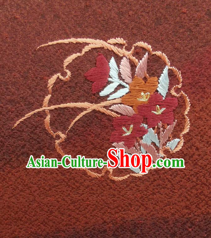 Asian Japan Embroidered Wisteria Brownish Red Brocade Traditional Silk Fabric Japanese Kimono Tapestry Drapery