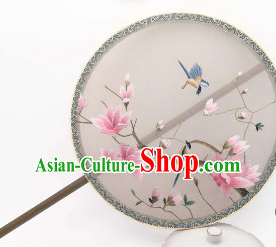 China Suzhou Embroidered Mangnolia Circular Fan Classical Silk Fan Traditional Hanfu Palace Fan