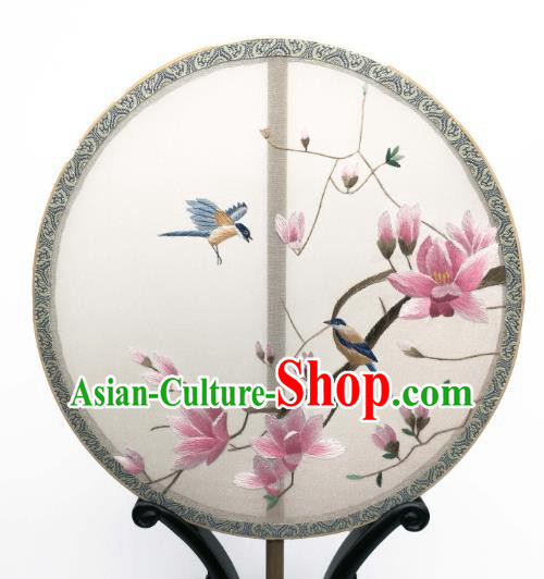 China Suzhou Embroidered Mangnolia Circular Fan Classical Silk Fan Traditional Hanfu Palace Fan
