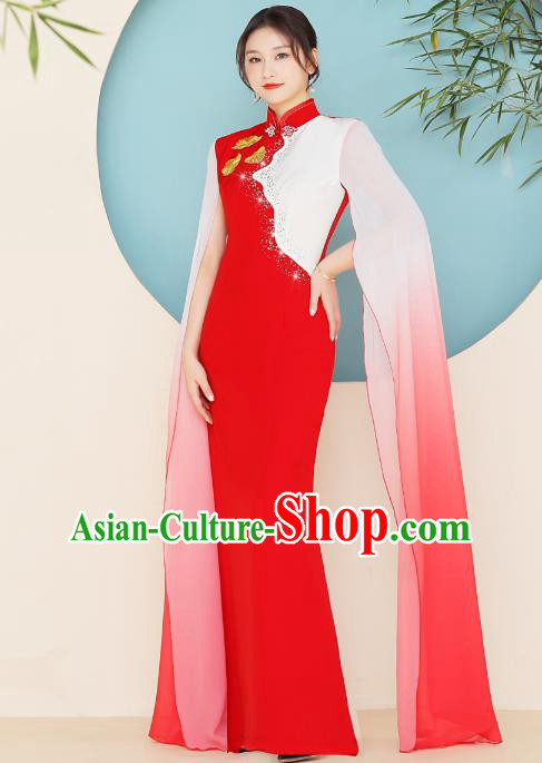 China Zither Stage Show Green Ao Dai Cheongsam Compere Clothing Modern Red Qipao Dress