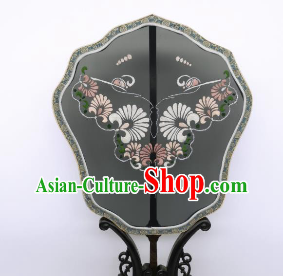 China Suzhou Double Side Embroidery Palace Fan Handmade Black Silk Fan Hanfu Fans