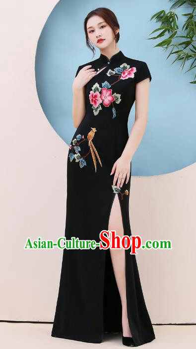 China Modern Dance Qipao Dress Stage Show Embroidery Black Cheongsam Party Compere Clothing