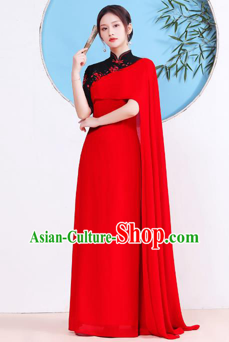 China Catwalks Velvet Qipao Dress Compere Slim Clothing Stage Show Red Shawl Cheongsam